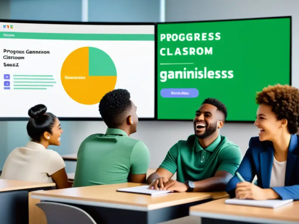 Aprendizaje interactivo: estudiantes comprometidos en aula virtual Estudiantes diversos participando con entusiasmo en programas de elearning menos conocidos, en un ambiente virtual innovador y atractivo