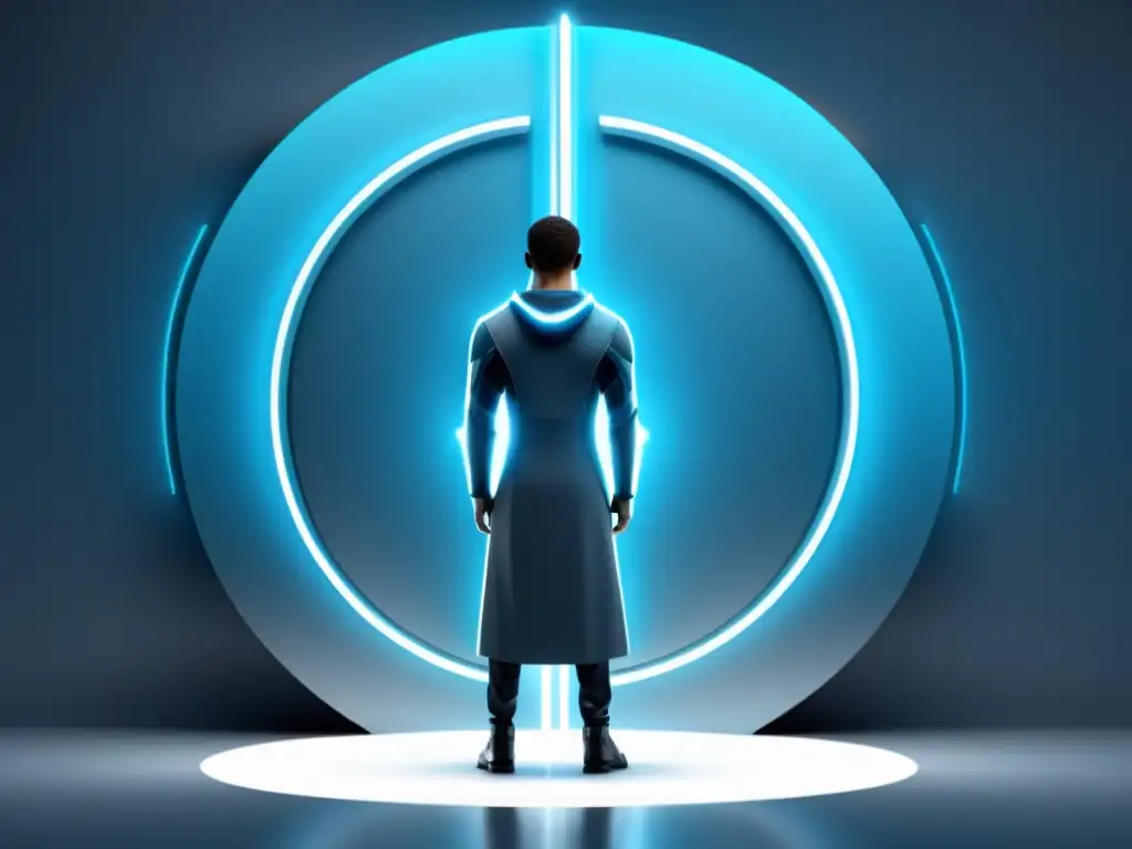 Guardián digital: protección silenciosa y seguridad futurista Figura guardiana frente a interfaz digital futurista en tonos azules y grises