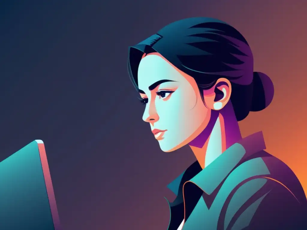 Experto en código: Ilustración detallada transmite enfoque intenso Figura sombría revisando código con intensa concentración
