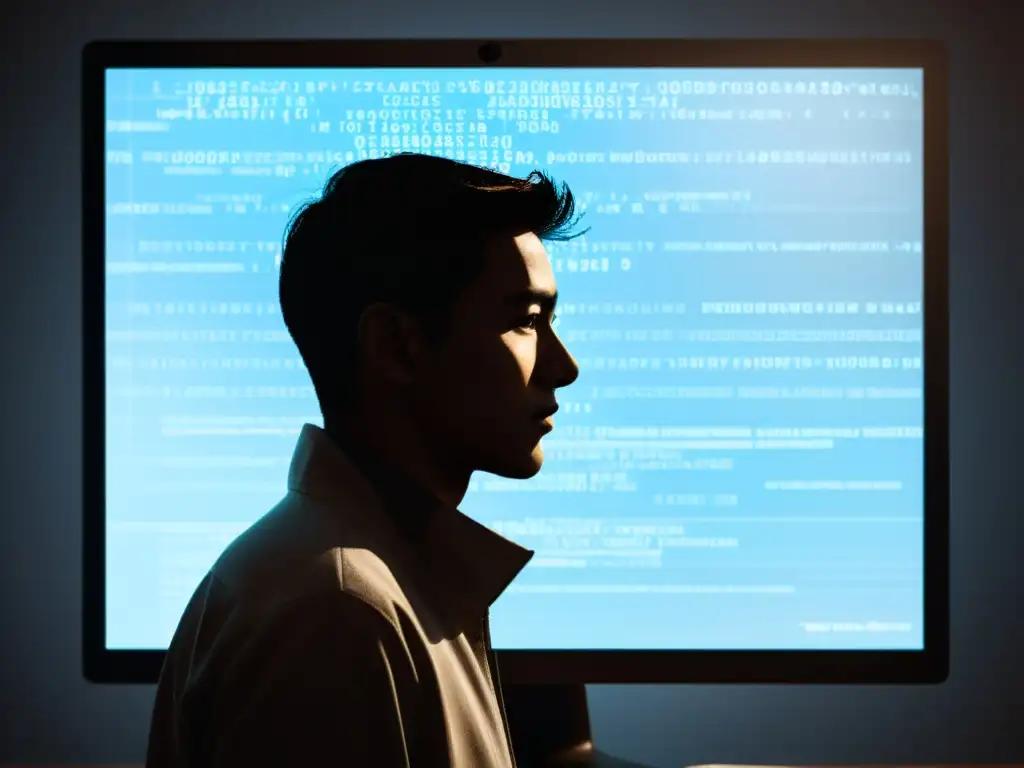Experto en código revisa con precisión Figura sombría revisando código en pantalla, reflejando minuciosidad y profesionalismo