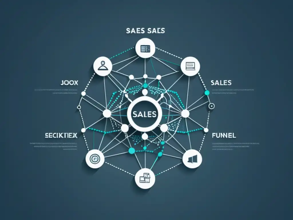 Red de Datos y Embudo de Ventas: Análisis Predictivo Representación gráfica futurista de un complejo sistema de datos interconectados y embudos de ventas en tonos metálicos