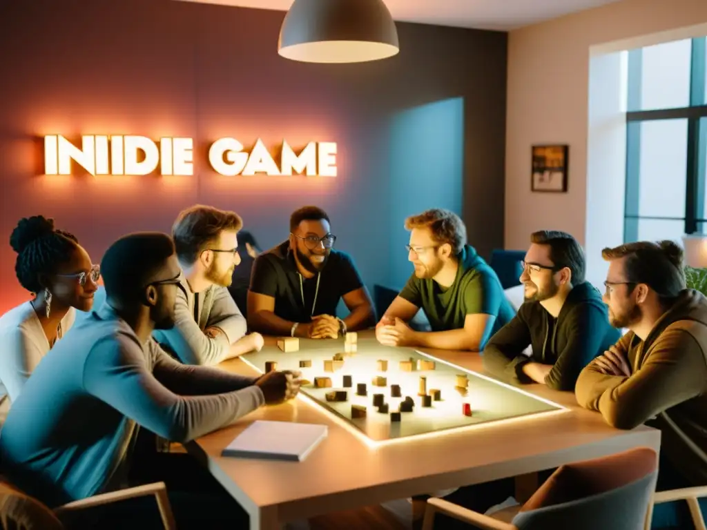 Desarrollo creativo de juegos indie: pasión y colaboración Un grupo diverso de desarrolladores de juegos indie discuten creativamente alrededor de una mesa, rodeados de prototipos y arte conceptual