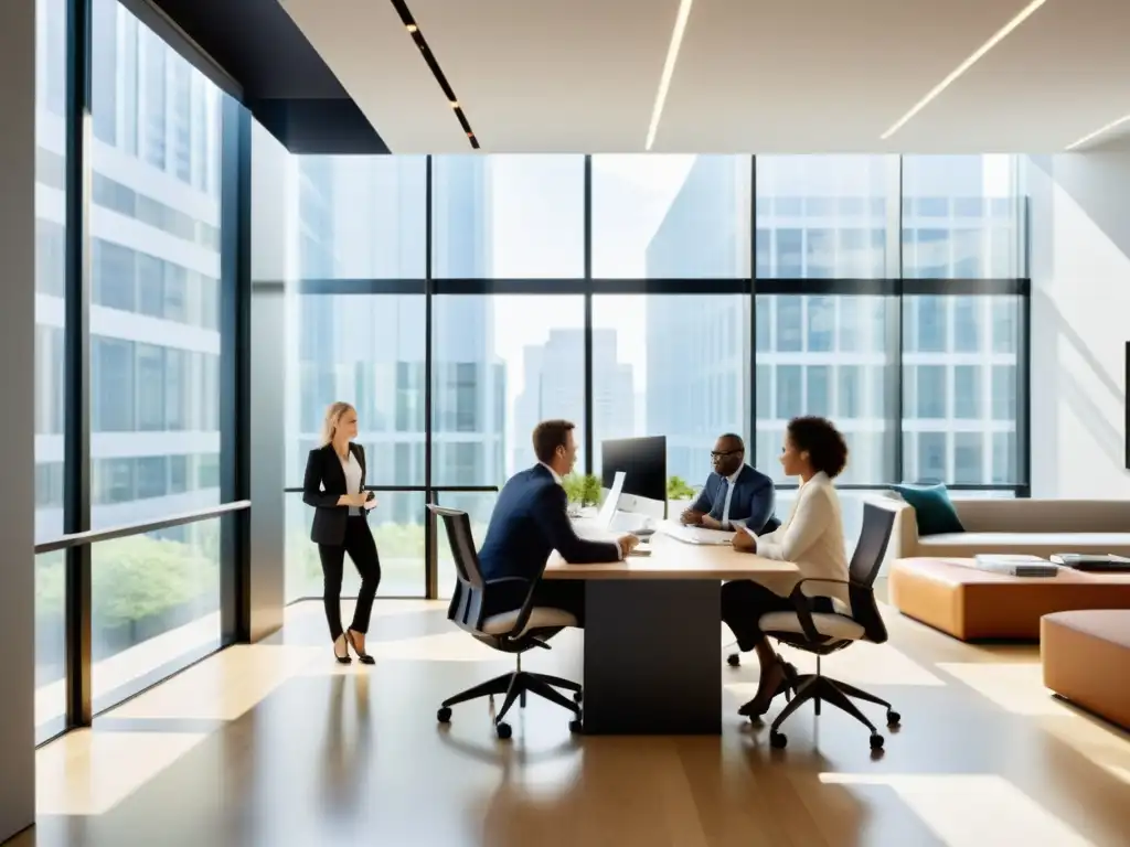 Profesionales innovadores en una oficina moderna Un grupo diverso de profesionales colabora en un espacio de oficina moderno, con luz natural y diseño minimalista