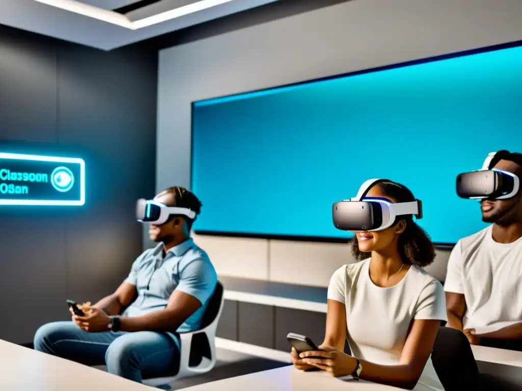 Estudiantes entusiastas disfrutan la educación virtual en un aula futurista Un grupo de estudiantes entusiastas participa en un programa de elearning de realidad virtual en un aula futurista