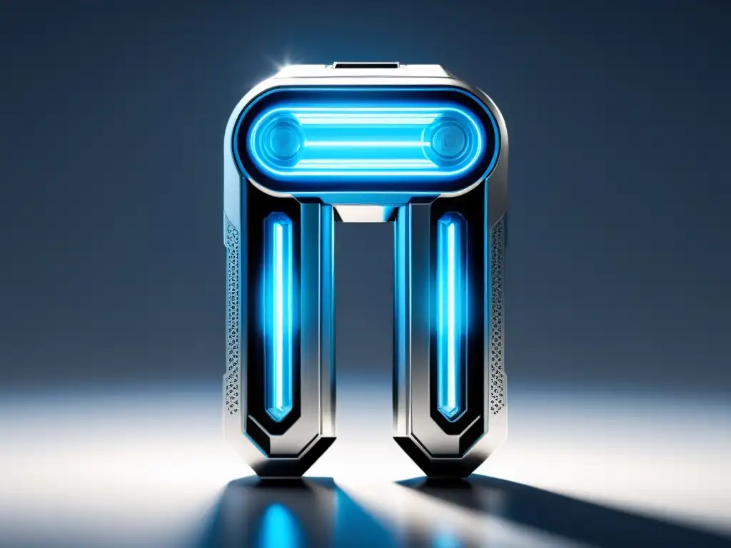 Automatización futurista: herramienta elegante en blanco y plata Una herramienta de automatización futurista en tonos blancos y plateados con detalles intrincados y acentos azules brillantes