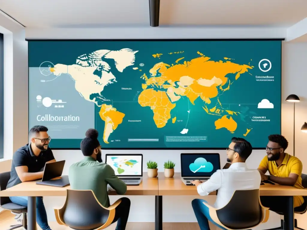 Desarrollo global: colaboración entre desarrolladores Herramientas colaborativas para desarrolladores globales trabajando en equipo en un entorno minimalista con tecnología moderna y un mapa mundial de fondo