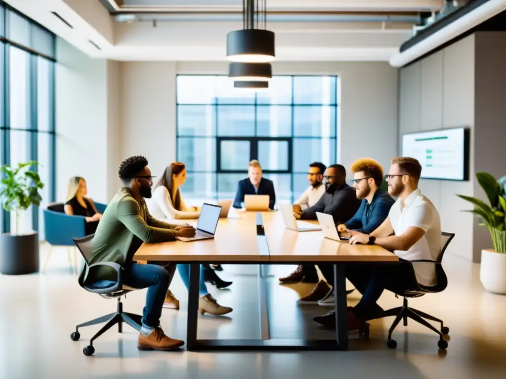 Equipo global de desarrolladores colaborando en un proyecto innovador Herramientas colaborativas para desarrolladores globales colaborando en un proyecto en una sala luminosa y minimalista