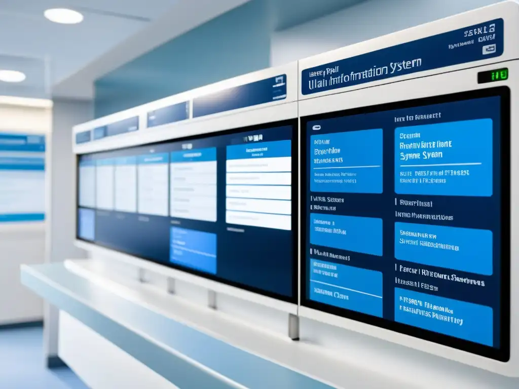 Sistema de información hospitalaria integrado Una ilustración detallada y minimalista muestra la integración de sistemas de información hospitalaria en un entorno moderno y profesional