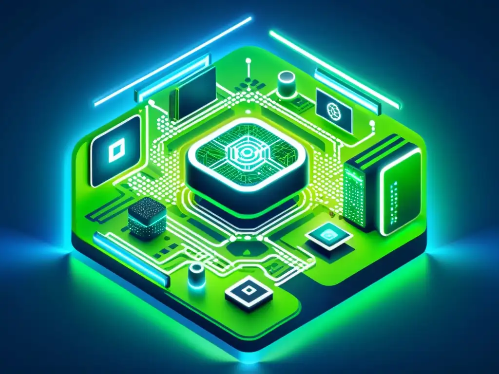 Ilustración blockchain e IoT: tecnología avanzada en azules y verdes Una ilustración minimalista de dispositivos blockchain e IoT interconectados, con circuitos intrincados y flujos de datos entre ellos