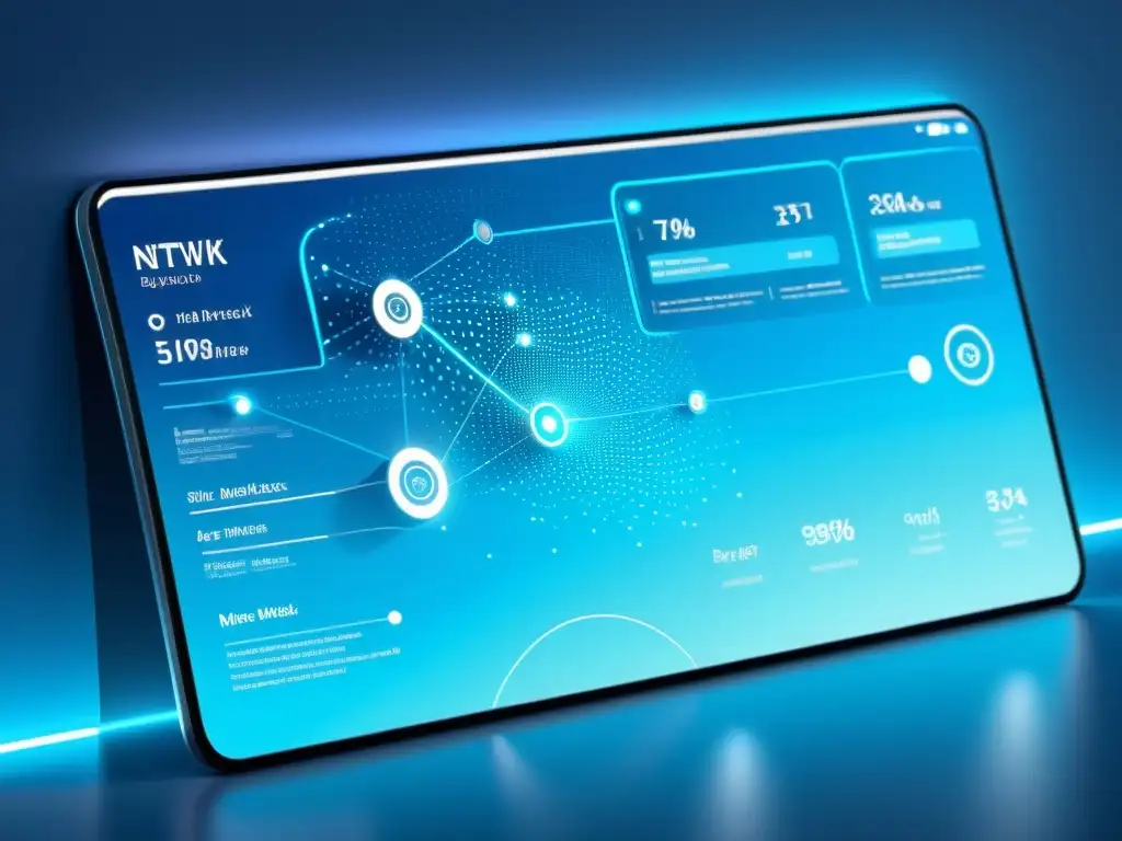 Interfaz de diagnóstico de red: Rendimiento Silencioso en Azul Una ilustración minimalista de una interfaz de herramientas de diagnóstico de red menos conocidas, con diseño futurista, gráficos y datos