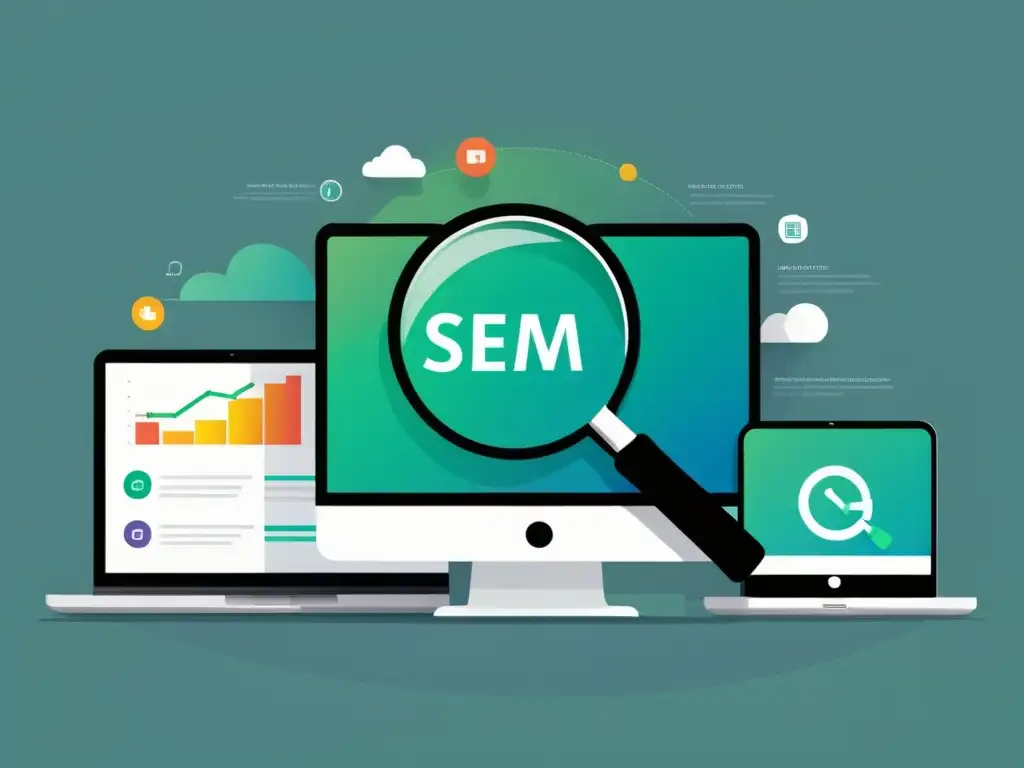 SEM eficaz para software: búsqueda precisa y estrategias Una ilustración minimalista de una lupa sobre una pantalla de computadora, con resultados de búsqueda y estrategias SEM para software menos conocido integradas sutilmente en el diseño