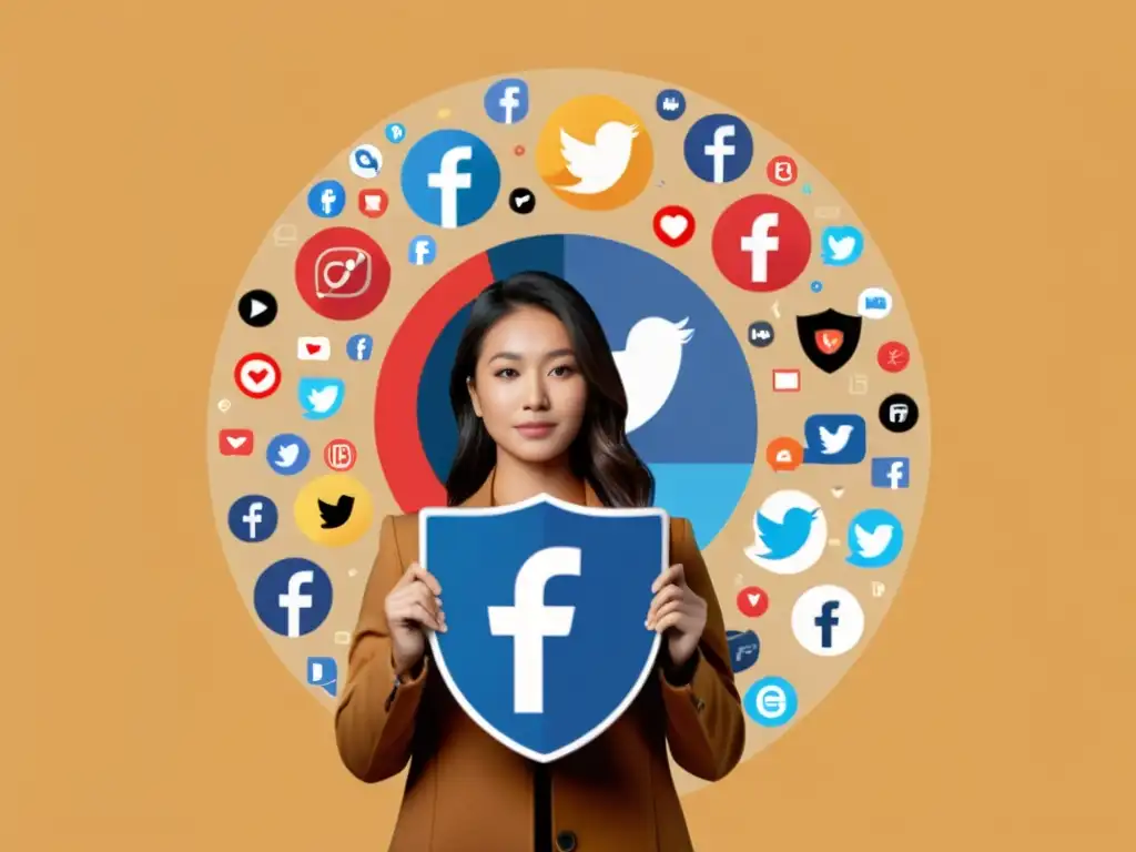 Protección de privacidad en redes sociales Una ilustración minimalista de una persona protegiéndose con un escudo frente a logos de redes sociales