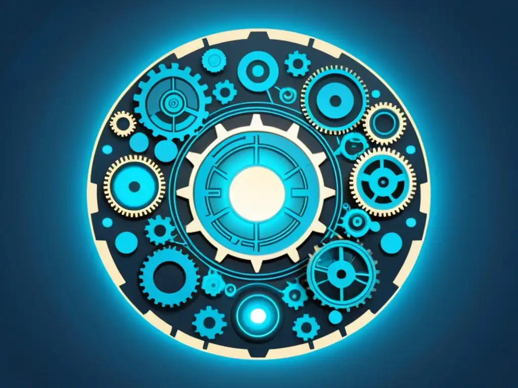 Red de engranajes y circuitos: impacto tecnológico Una ilustración minimalista de una red de engranajes y circuitos interconectados, con un suave resplandor azul emanando del centro