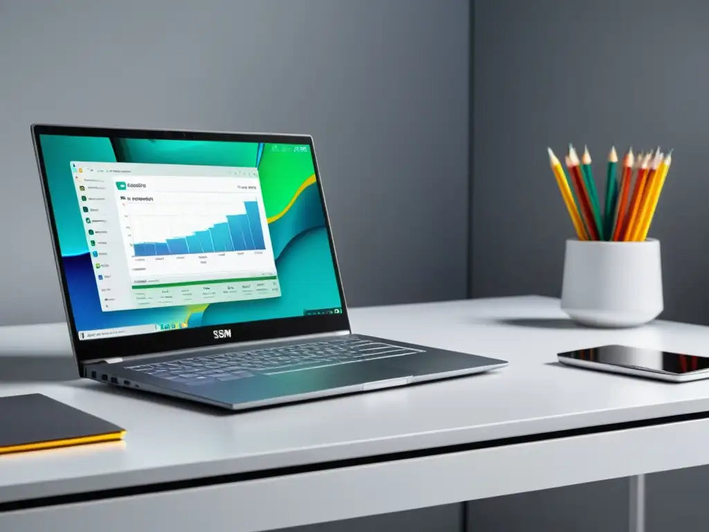 Imagen 8K de laptop moderno con herramientas SEM Una imagen 8K de un elegante portátil con herramientas SEM