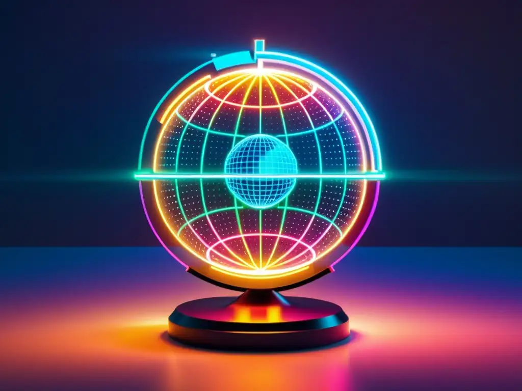Esfera futurista transparente con datos interconectados en colores neón Una imagen futurista y minimalista de un globo terráqueo transparente rodeado de datos interconectados en colores neón, con formas geométricas abstractas representando distintos sectores industriales