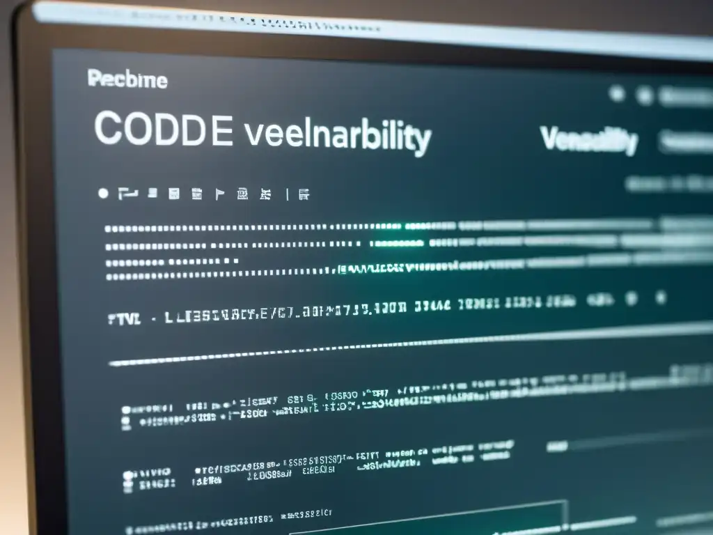 Análisis de vulnerabilidades: Código sofisticado en pantalla Imagen de pantalla de computadora mostrando código de software de análisis de vulnerabilidad menos conocido, con diseño moderno y sofisticado