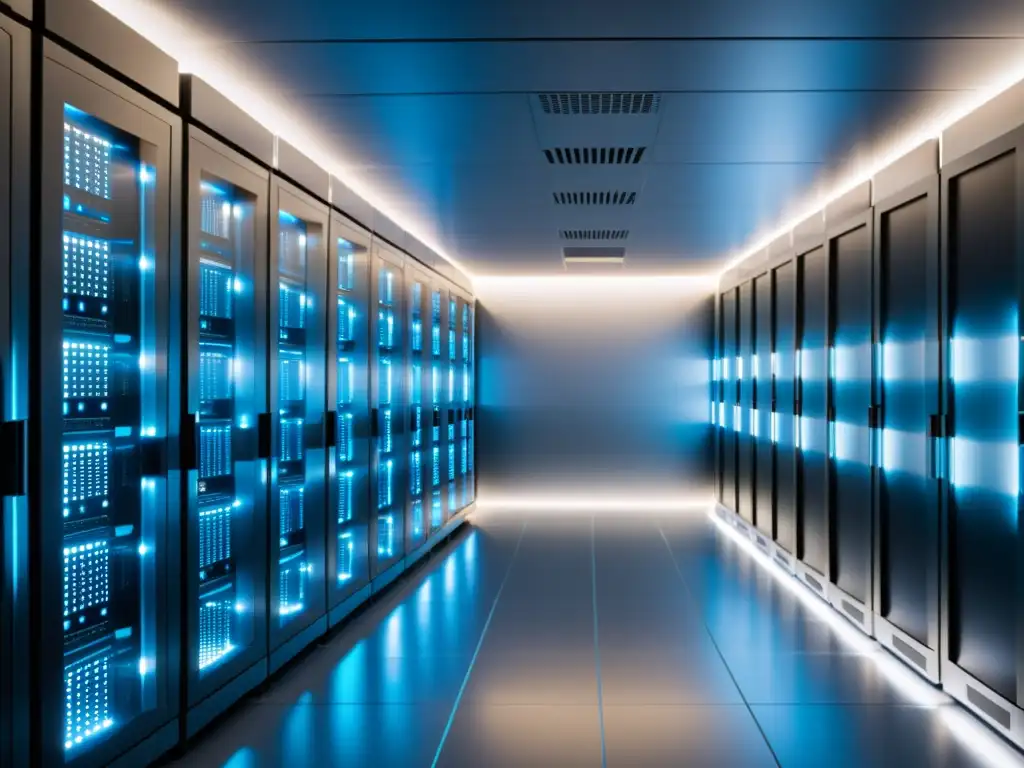 Servidores en la nube: eficiencia y tecnología de vanguardia Imagen de alta resolución de una sala de servidores en la nube, con un diseño moderno y eficiente