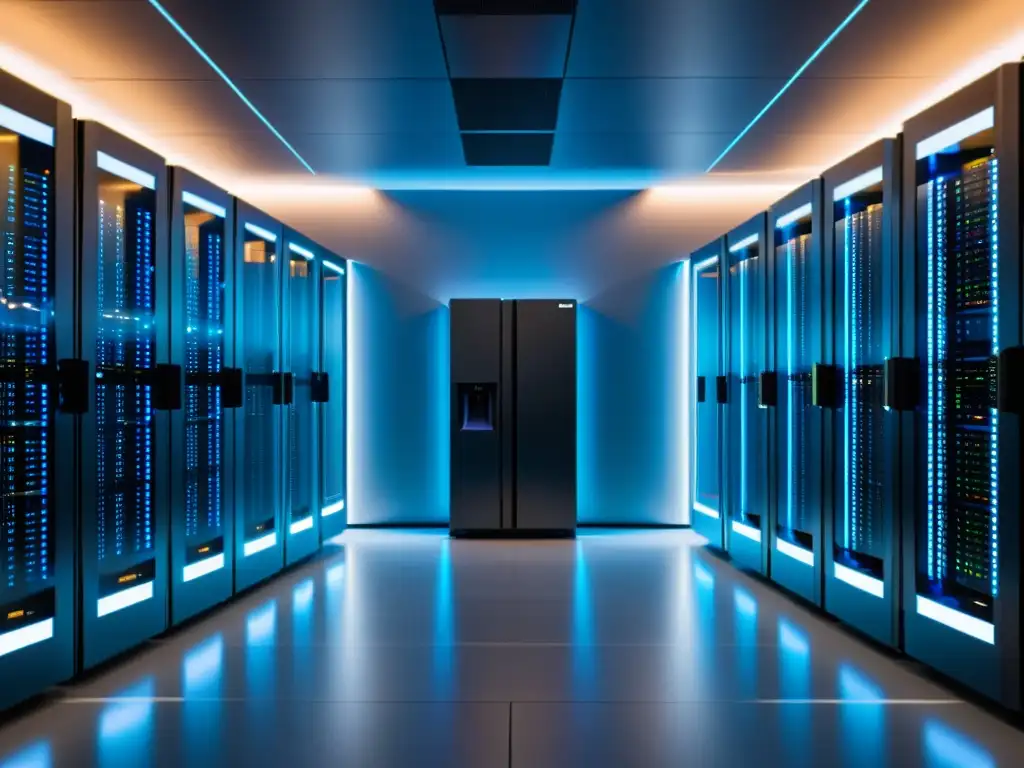 Sala de servidores futurista: eficiencia tecnológica Imagen de una sala de servidores minimalista con filas de equipos futuristas, organizados y conectados con cables elegantes