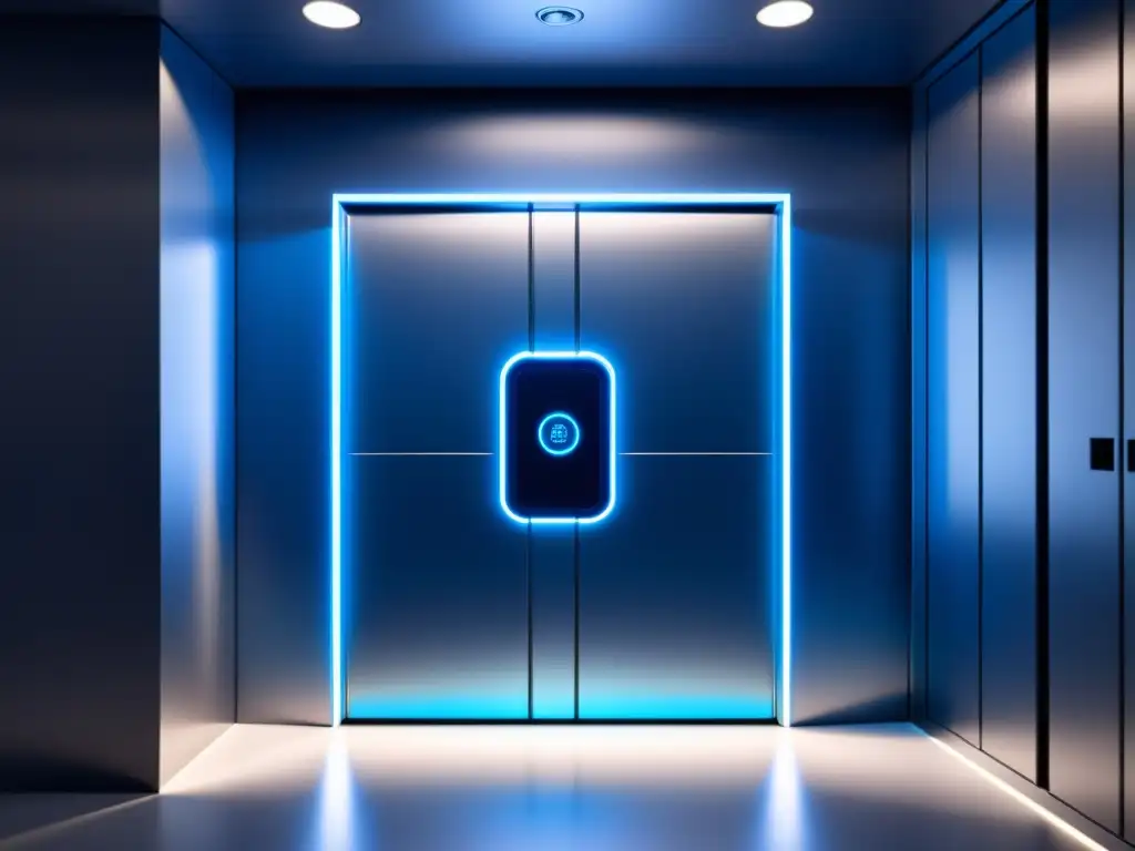 Vault de seguridad ultradetallado con tecnología futurista Una imponente cámara de seguridad en cripto, con acceso biométrico y tecnología de encriptación digital, iluminada en azul