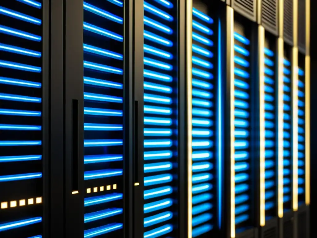 Servidor de alta tecnología: detalle impresionante Un impresionante rack de servidores negro con luces LED parpadeantes en un centro de datos futurista