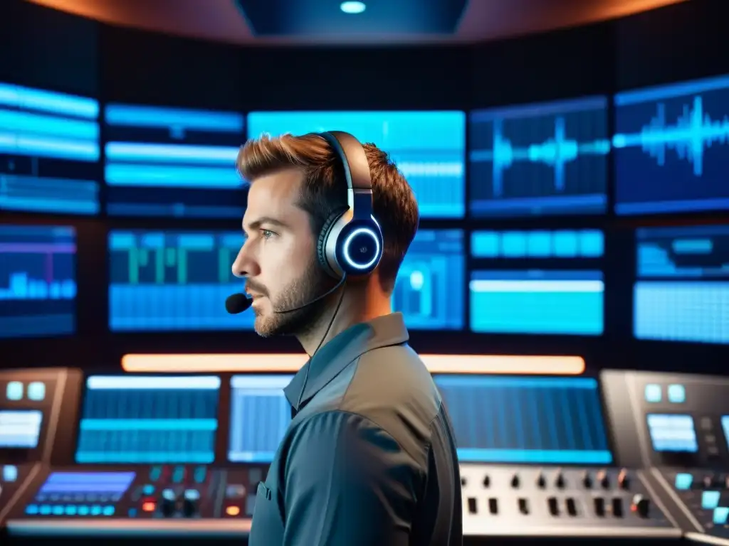 Sound Engineer en Estudio de Grabación 8K Un ingeniero de sonido ajusta la mezcla en un estudio con equipo de alta tecnología para crear banda sonora juego indie