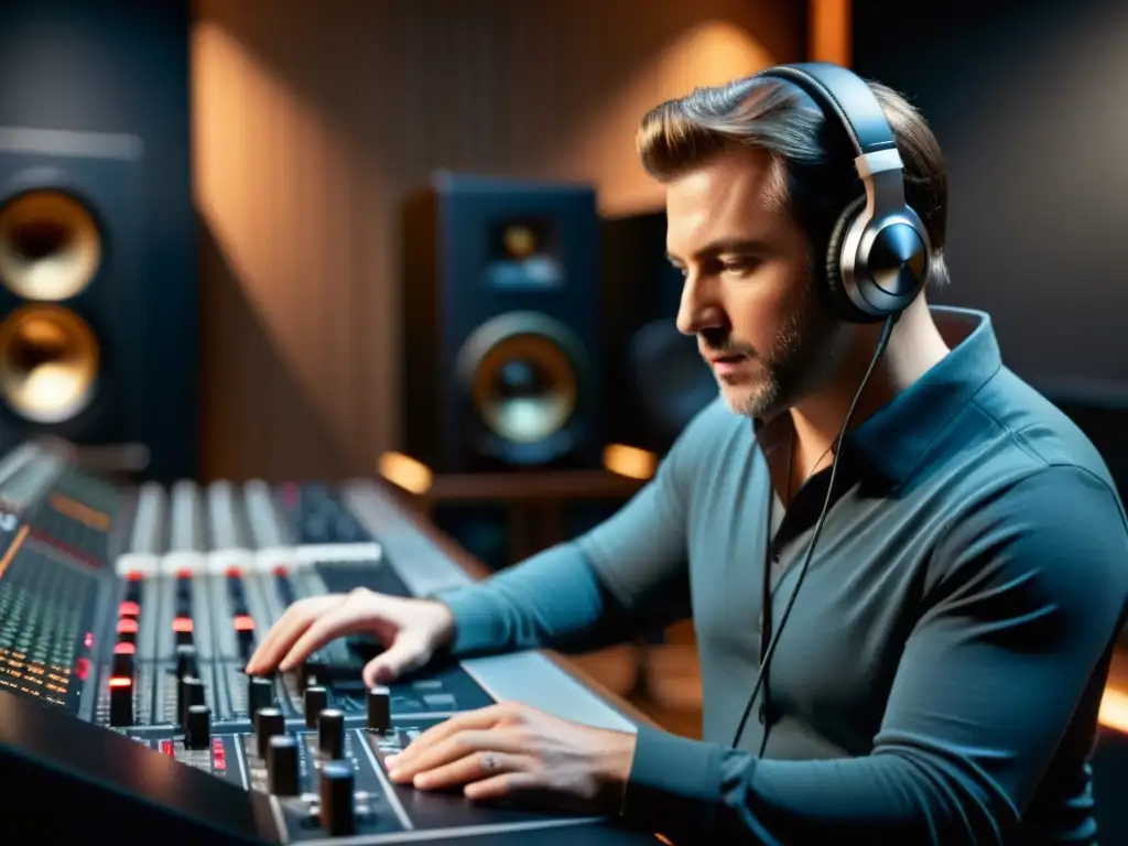 Ingeniero de sonido ajustando niveles en estudio de grabación Un ingeniero de sonido ajusta niveles en un estudio cálido y moderno para crear banda sonora juego indie