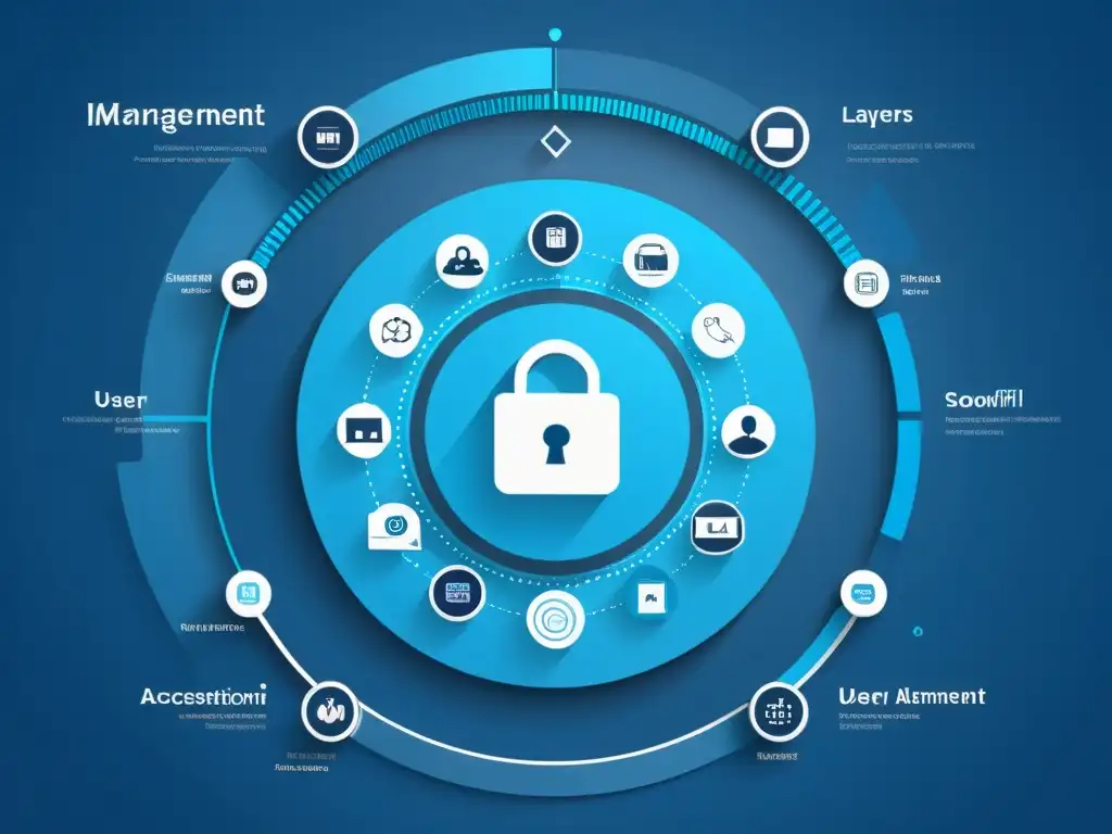 Interfaz futurista de gestión de identidad: innovación en azul y blanco Innovaciones en software de gestión: Interfaz digital futurista con visualizaciones de datos y formas geométricas en tonos de azul y blanco