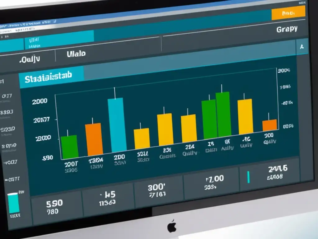 Interfaz de Minitab: Gráficos de datos detallados Interfaz detallada y sofisticada de Minitab en calidad, con gráficos y métricas de control de calidad en diseño minimalista de alta definición