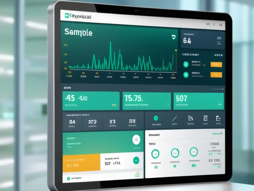 Interfaz futurista de gestión hospitalaria con datos en tiempo real Interfaz futurista de software de gestión hospitalaria eficiente con diseño minimalista y ambiente calmado, bañado en luz suave