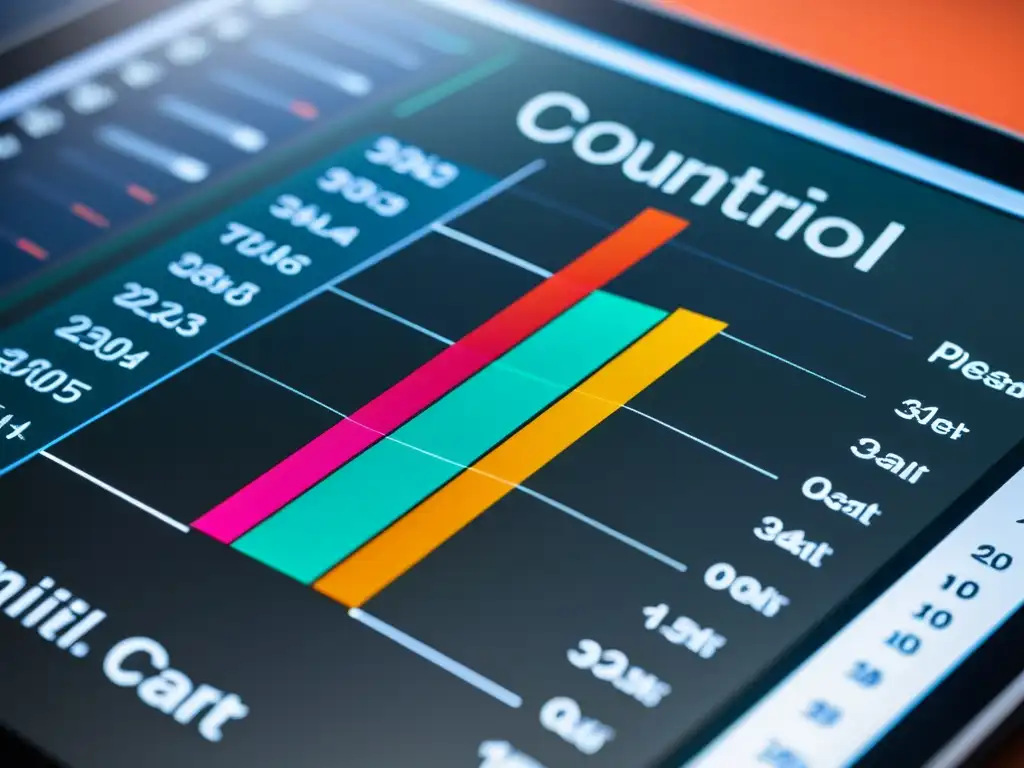 Gráfico de control de calidad de Minitab: Precisión y Estética Interfaz moderna de Minitab con gráfico de control detallado y colores vibrantes, representando datos