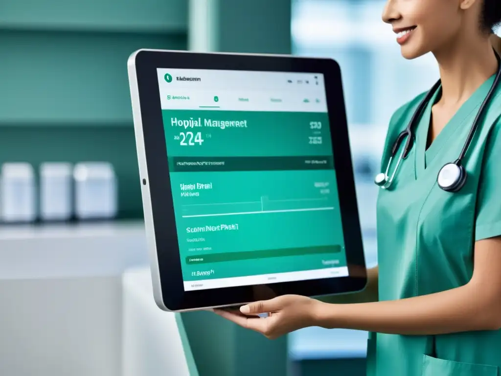 Software de Gestión Hospitalaria: Eficiencia y Tecnología Interfaz de software de gestión hospitalaria eficiente en pantalla táctil futurista, con diseño intuitivo y paleta de colores calmante