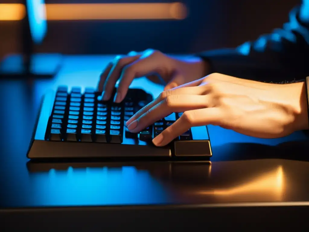 Manos expertas en teclado: Precisión y dedicación Las manos ágiles de un desarrollador de juegos indie teclean con precisión en un elegante teclado