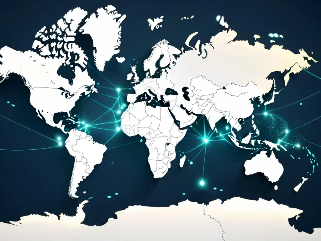 Mapa global 8K: Colaboración en desarrollo de software Mapa global en 8K con nodos interconectados, destacando la colaboración en herramientas para desarrolladores globales