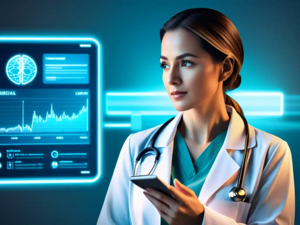 Interfaz médica futurista: doctor analizando datos Un médico utiliza con confianza la interfaz futurista de Plataformas Machine Learning para profesionales médicos