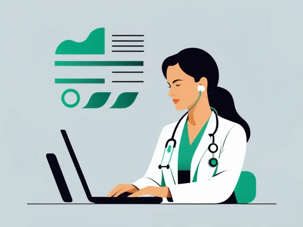 Colaboración médica y tecnológica: Doctor y computadora Un médico introduce datos médicos en un ordenador, simbolizando la colaboración entre la experticia humana y la tecnología