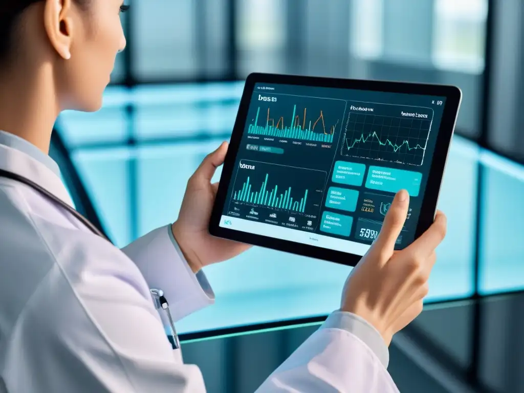 Doctor interactuando con plataforma de aprendizaje automático en tablet Un médico seguro utiliza una interfaz moderna en una tablet