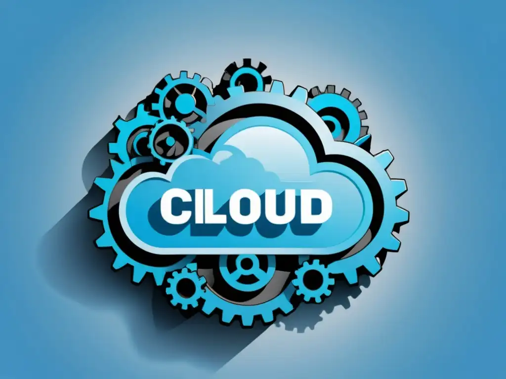 Automatización en la Nube: Intrincado diseño de engranajes en un cielo azul Ilustración minimalista de una nube con engranajes intrincados, simbolizando la automatización en la nube