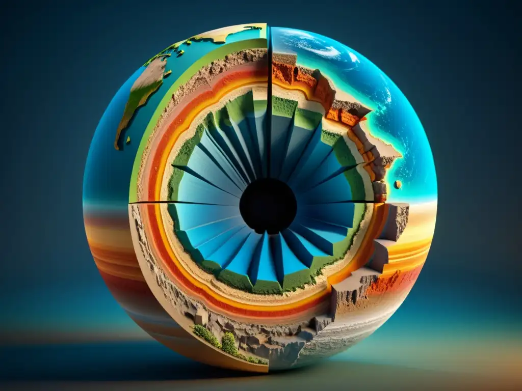 Modelo 3D de capas terrestres: texturas realistas y detalles geológicos Modeladores 3D para explorar geología: Representación detallada de las capas terrestres en 8k con texturas realistas y etiquetas educativas