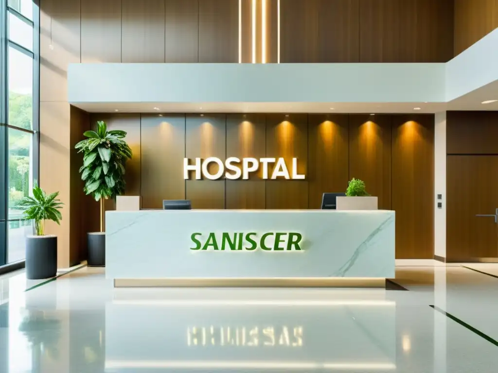 Recepción hospitalaria moderna con luz natural Un moderno vestíbulo hospitalario con mármol blanco, luz natural y vegetación