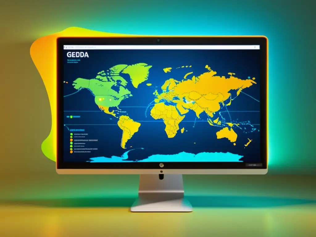 Visualización 3D impactante en GeoDa Monitor moderno muestra análisis espacial en software GeoDa con visualización 3D dinámica y vibrante