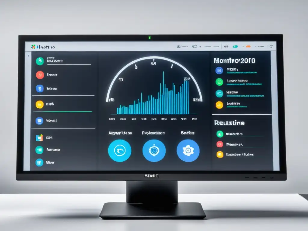Monitorización en tiempo real de software especializado Monitor moderno mostrando las mejores herramientas monitoreo software menos conocido en detalle y en tiempo real sobre fondo blanco