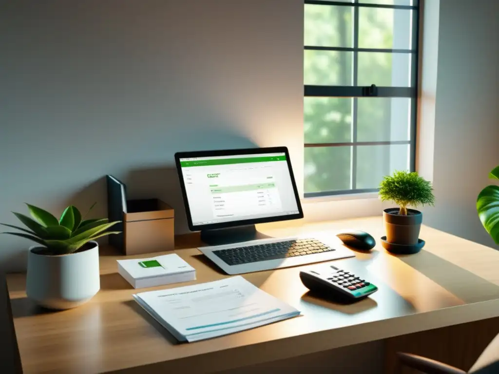 Escritorio minimalista con orden y calma Oficina minimalista con impacto Fakturama: escritorio ordenado, computadora moderna, facturas organizadas y calculadora, iluminados por luz natural