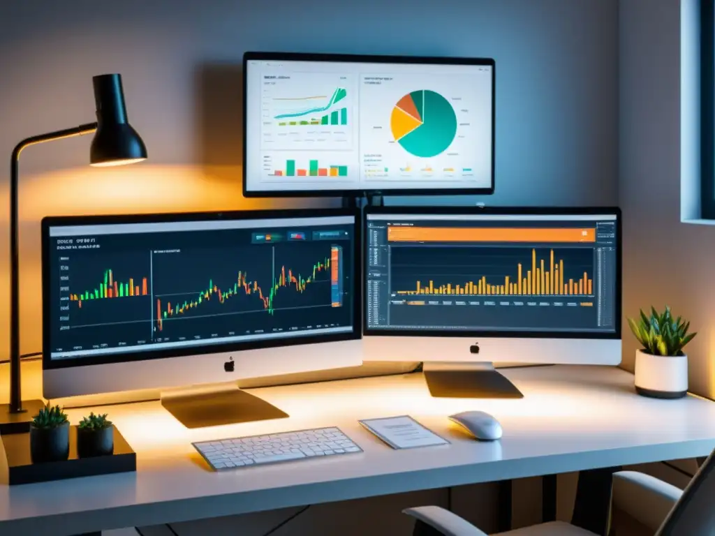 Oficina moderna con análisis de rendimiento de software Oficina moderna con análisis crítico del rendimiento del software SAS en monitor de ordenador, iluminación suave y eficiencia