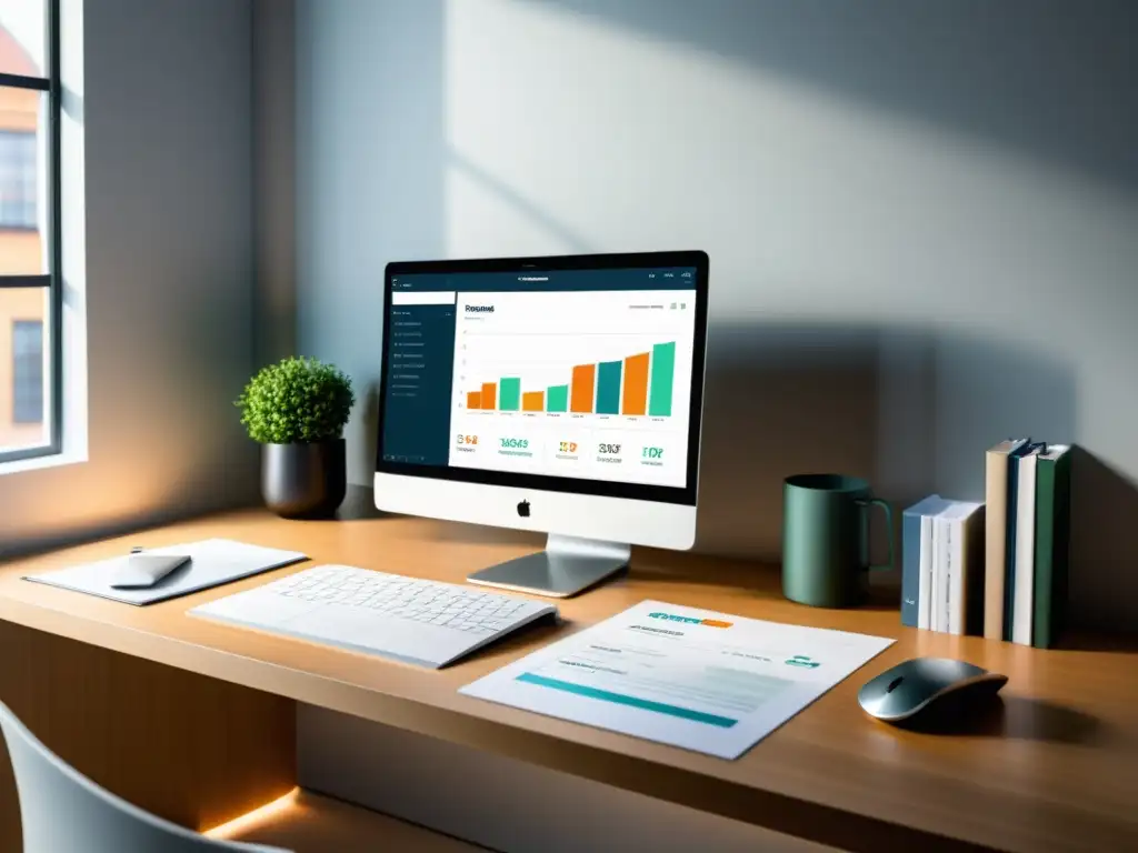 Escritorio minimalista con Fakturama: eficiencia financiera Oficina moderna con impacto Fakturama en gestión de facturas y contabilidad, ambiente profesional y ordenado