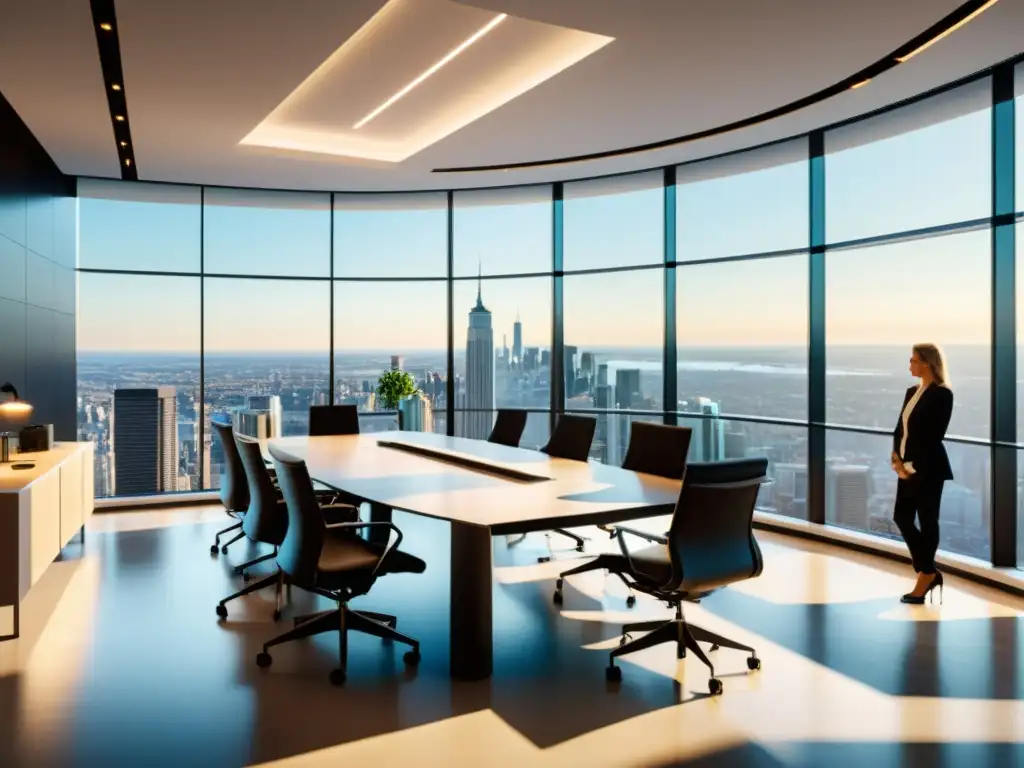 Oficina moderna con vista panorámica en 8k Una oficina moderna con vista a la ciudad, equipo reunido alrededor de una mesa