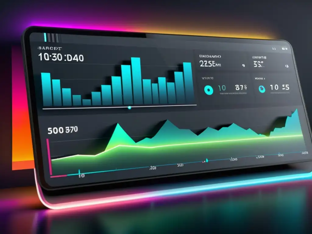 Panel de control futurista con gráficos neon en 8K Un panel de control futurista con gráficos de neón, ideal para las mejores herramientas de monitoreo de software menos conocido