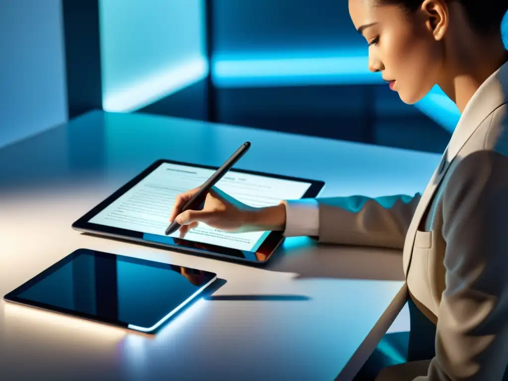 Figura sombría revisando documento en tablet futurista Persona revisando documento en una plataforma de Peer Review menos conocida en tablet futurista