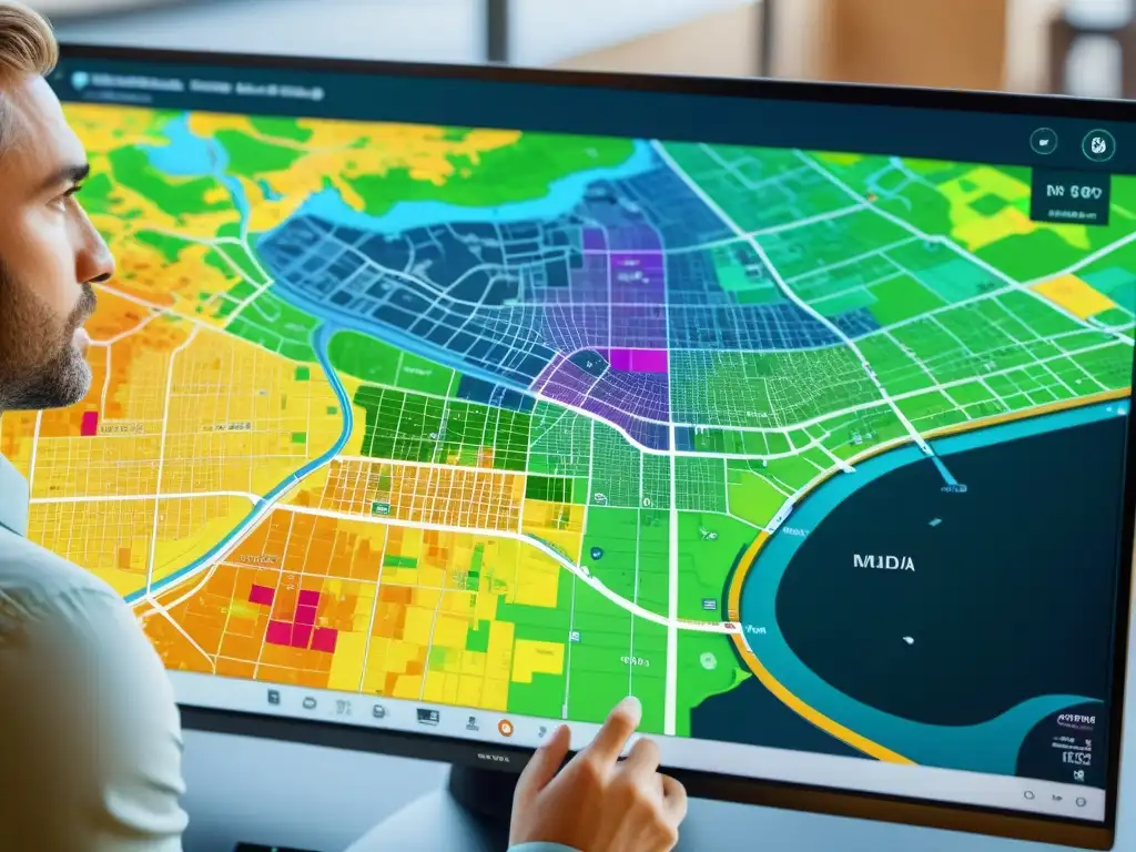 Mapa de ciudad en 8K con análisis espacial detallado Persona usando el software GeoDa para análisis espacial en un mapa de ciudad vibrante