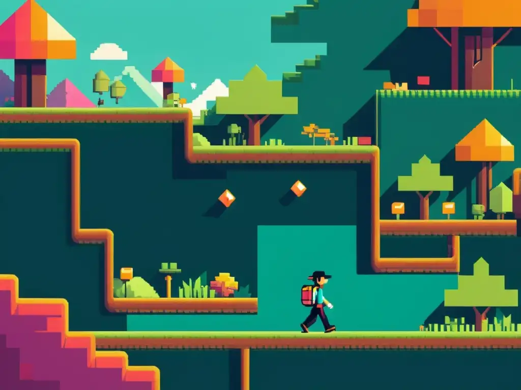 Explorador pixelado en mundo indie vibrante Un personaje de juego indie pixelado explora un mundo vibrante y dinámico, mostrando tendencias de gameplay en juegos indie