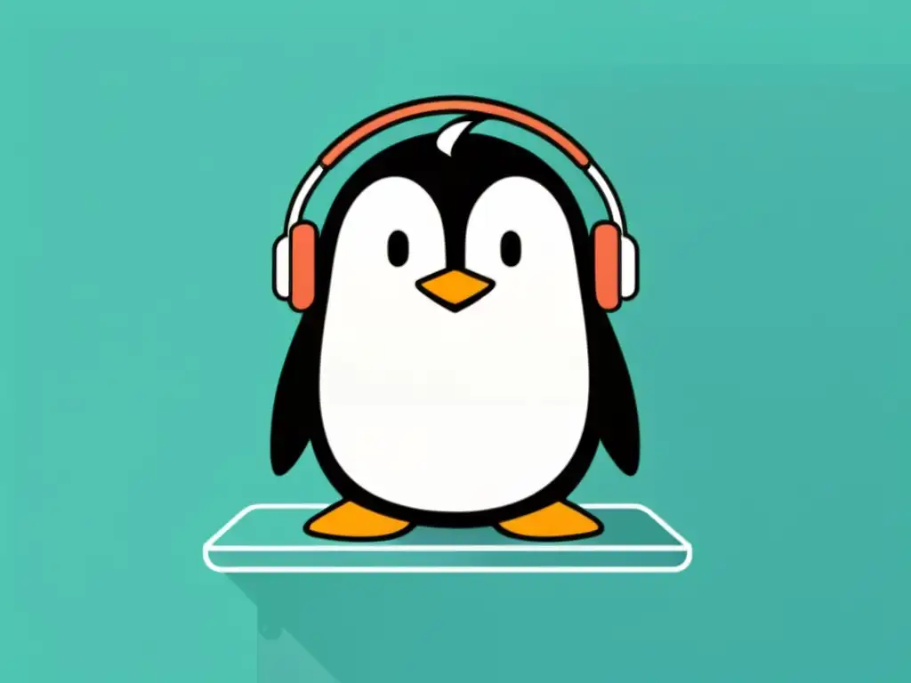 Pingüino gamer programador en Linux Un pingüino con auriculares y controlador de videojuegos está frente a una computadora con código y gráficos